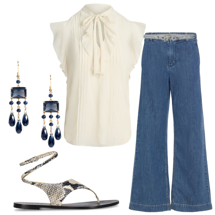 Outfit donna - Denim e bluse per il giorno. Stile Casual chic per Tutti i giorni. Abbinamento con camicie a manica corta, cinture, orecchini, sandali in pelle, jeans.