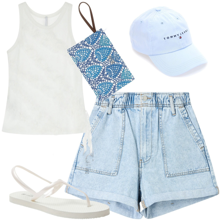 Outfit donna - Total look #2222452. Stile Casual per Tutti i giorni. Abbinamento con shorts, sandali, top, cappelli, pochette.
