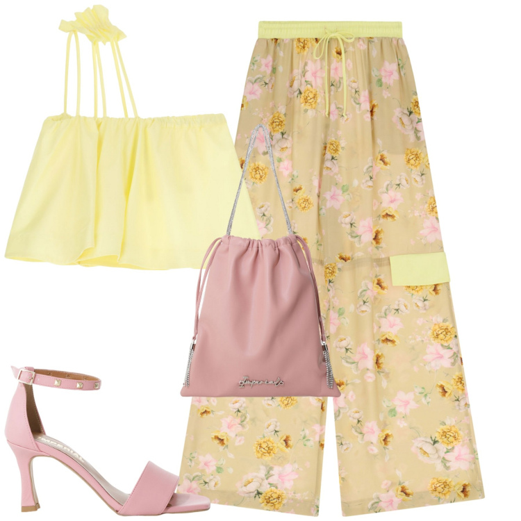 Outfit donna - Agosto. Stile Romantica per Tutti i giorni. Abbinamento con pantaloni, sandali col tacco, borse a secchiello, top.