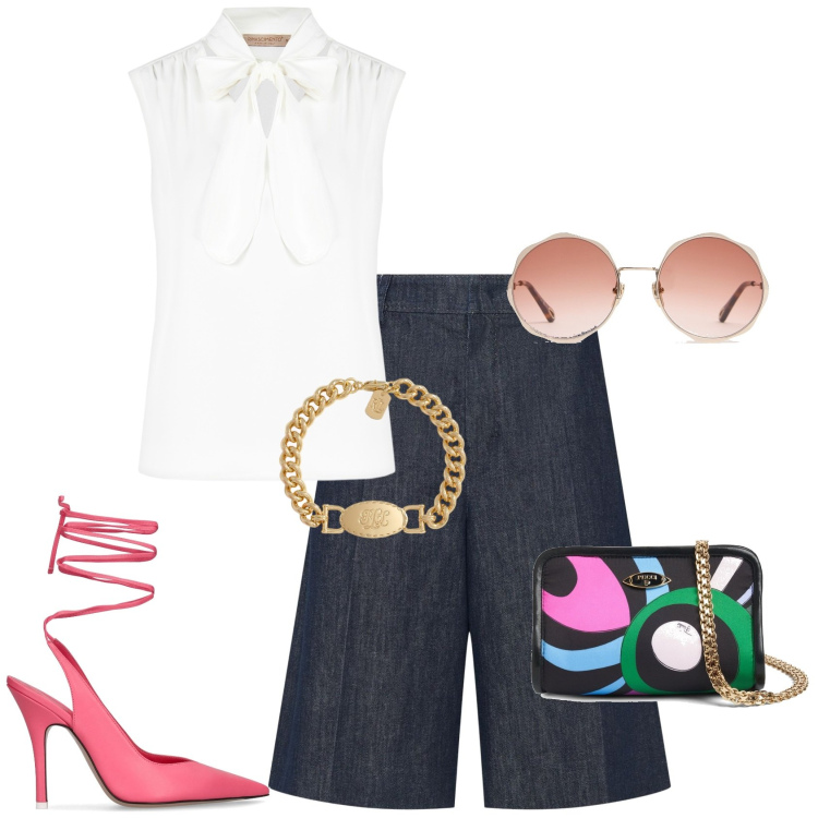 Outfit donna - Aperitivo in città. Stile Chic per Serata fuori. Abbinamento con top, braccialetti, décolleté, pochette, occhiali da sole, shorts.