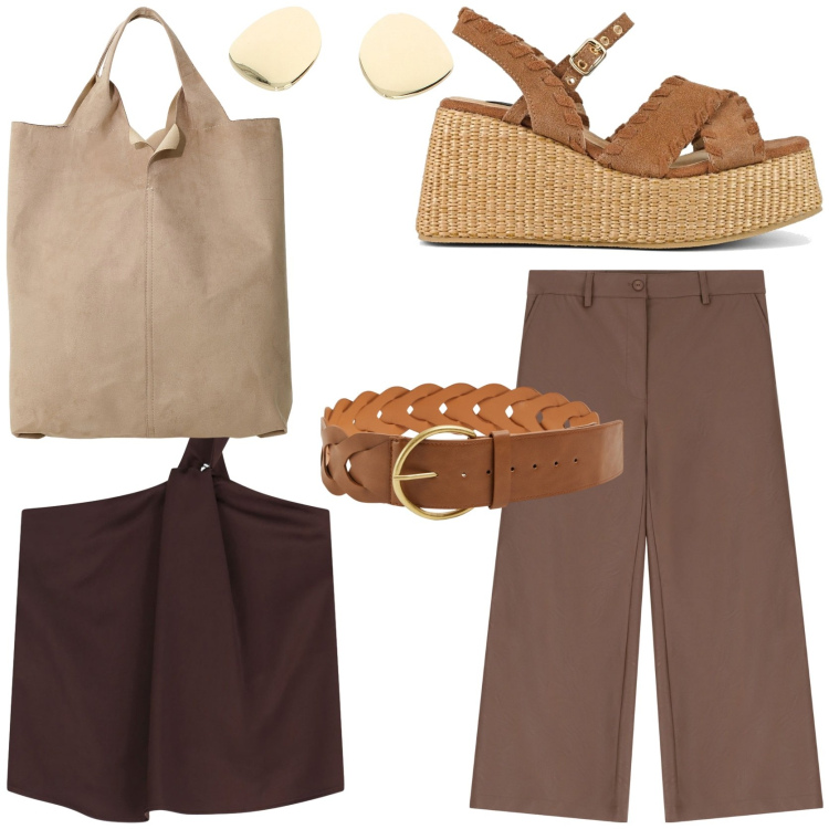 Outfit donna - Coordinato fresco e raffinato. Stile Casual chic per Tutti i giorni. Abbinamento con cinture, pantaloni, top, orecchini, shopping bag, zeppe.