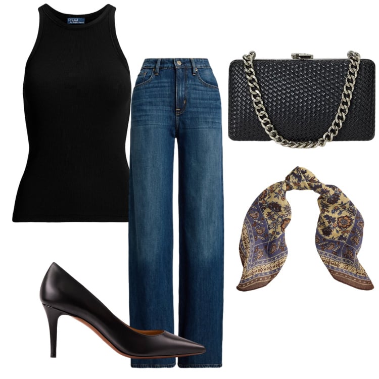 Outfit donna - Con i jeans. Stile Casual per Tutti i giorni. Abbinamento con canottiere, clutch, décolleté, jeans, foulard.
