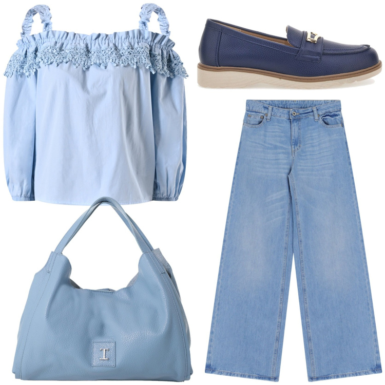 Outfit donna - Metropolitan. Stile Romantica per Tutti i giorni. Abbinamento con bluse, jeans a zampa, pochette, mocassini.