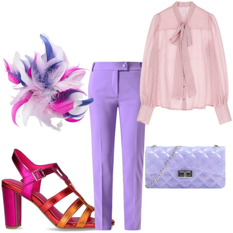 Outfit donna - Un mix di rosa. Stile Glamour per Tutti i giorni. Abbinamento con borse a tracolla, pantaloni, camicie, sandali col tacco, accessori per capelli.