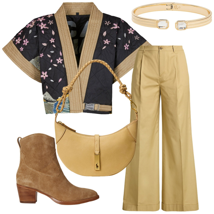 Outfit donna - Alla sera. Stile Casual per Tutti i giorni. Abbinamento con pantaloni, stivaletti, borse a spalla, braccialetti, kimono.
