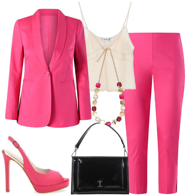 Outfit donna - Cerimonia di settembre. Stile Chic per Cerimonia. Abbinamento con pantaloni skinny, blazer, top, borse a tracolla, décolleté, collane.