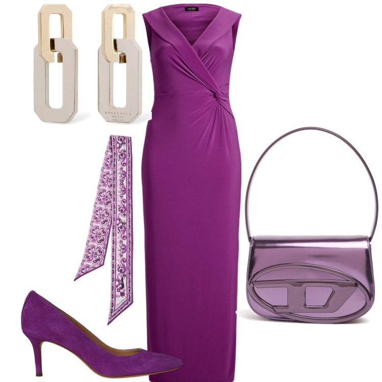 Outfit donna - In viola. Stile Glamour per Cerimonia. Abbinamento con vestiti lunghi, décolleté, orecchini, borse a spalla, foulard.