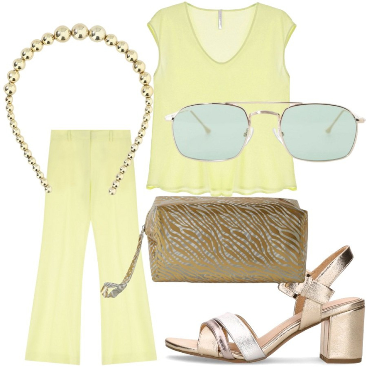 Outfit donna - Yellow. Stile Glamour per Tutti i giorni. Abbinamento con pochette, pantaloni, occhiali da sole, top, cerchietti, sandali col tacco.