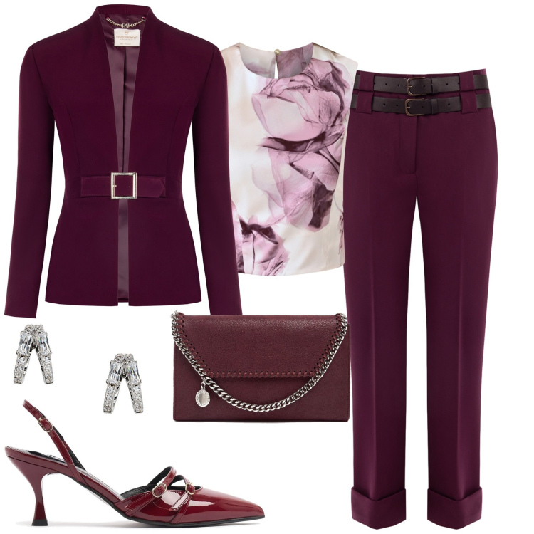 Outfit donna - Cerimonia a ottobre. Stile Chic per Cerimonia. Abbinamento con top, pantaloni, blazer, orecchini, décolleté, pochette.