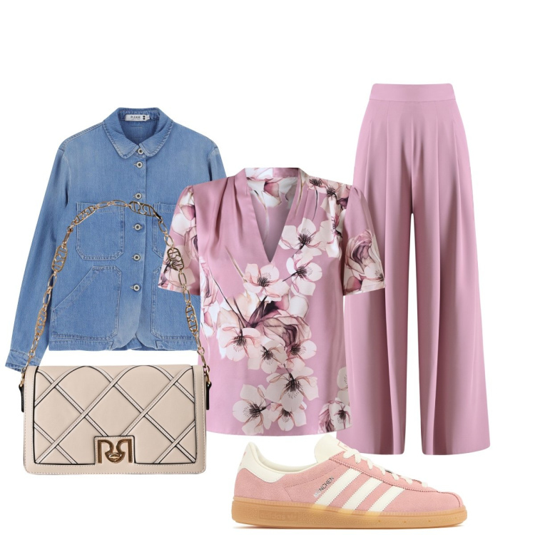 Outfit donna - Urban chic. Stile Urban per Tutti i giorni. Abbinamento con pantaloni a palazzo, borse a tracolla, bluse, blazer, sneakers.