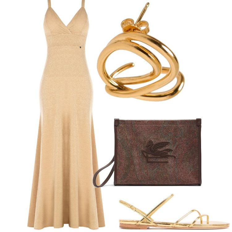 Outfit donna - Cena elegante al tramonto in riva al mar. Stile Chic per Serata fuori. Abbinamento con vestiti lunghi, clutch, orecchini, sandali in pelle.