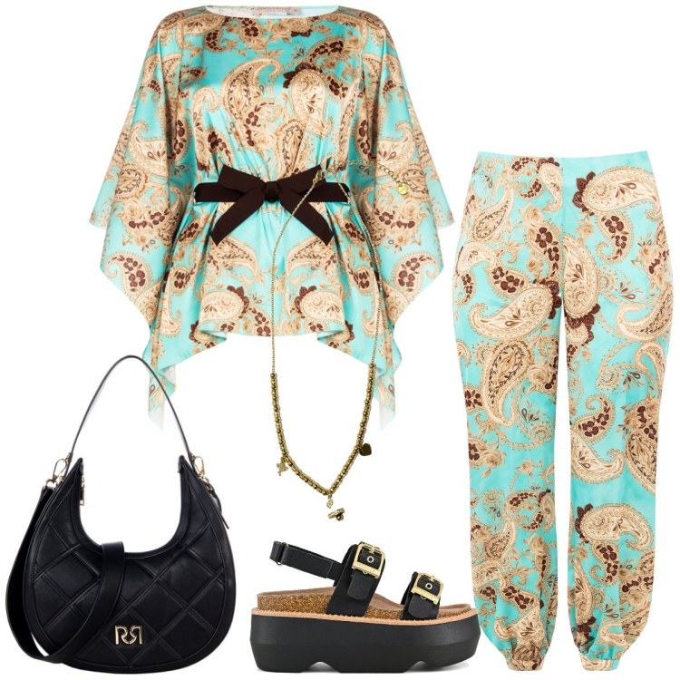 Outfit donna - Total look #2222491. Stile Boho per Tutti i giorni. Abbinamento con borse a tracolla, bluse, pantaloni, ciondoli, sandali col tacco.