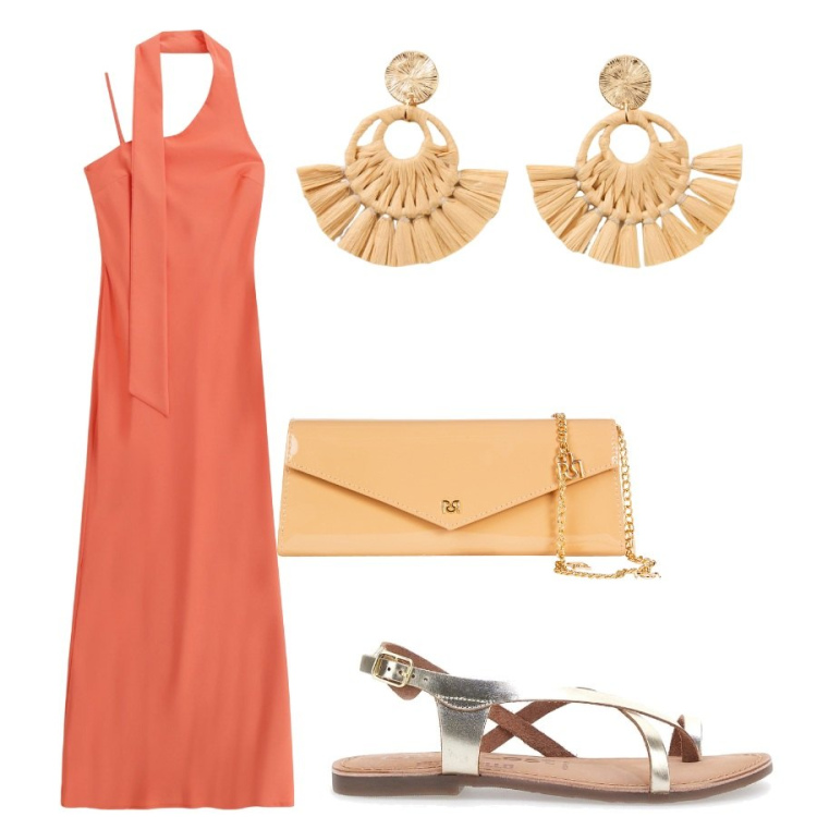 Outfit donna - Cena elegante al tramonto in riva al mar. Stile Chic per Serata fuori. Abbinamento con orecchini, pochette, vestiti lunghi, sandali in pelle.