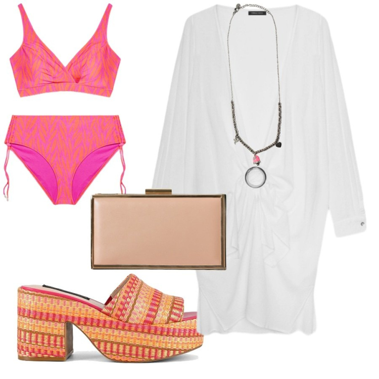 Outfit donna - Caftano elegante per le sere d\'agosto FD. Stile Vintage retrò per Mare. Abbinamento con pochette, ciondoli, vestiti da spiaggia, bikini, zeppe.