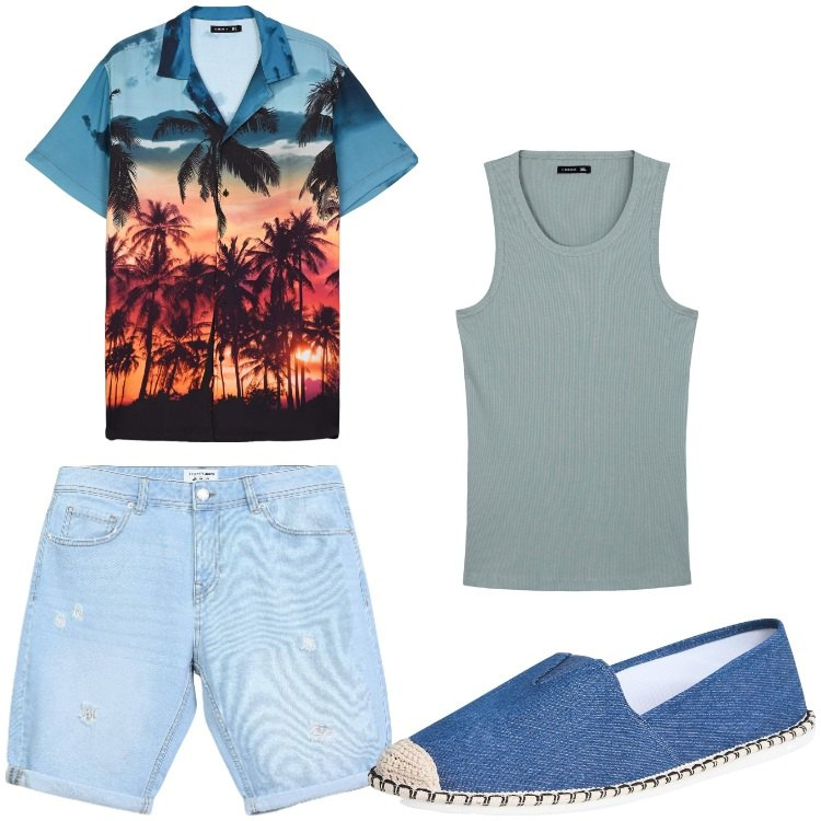 Outfit uomo - Hawaii. Stile Casual per Tutti i giorni. Abbinamento con shorts, espadrillas, camicie a manica corta, canottiere.