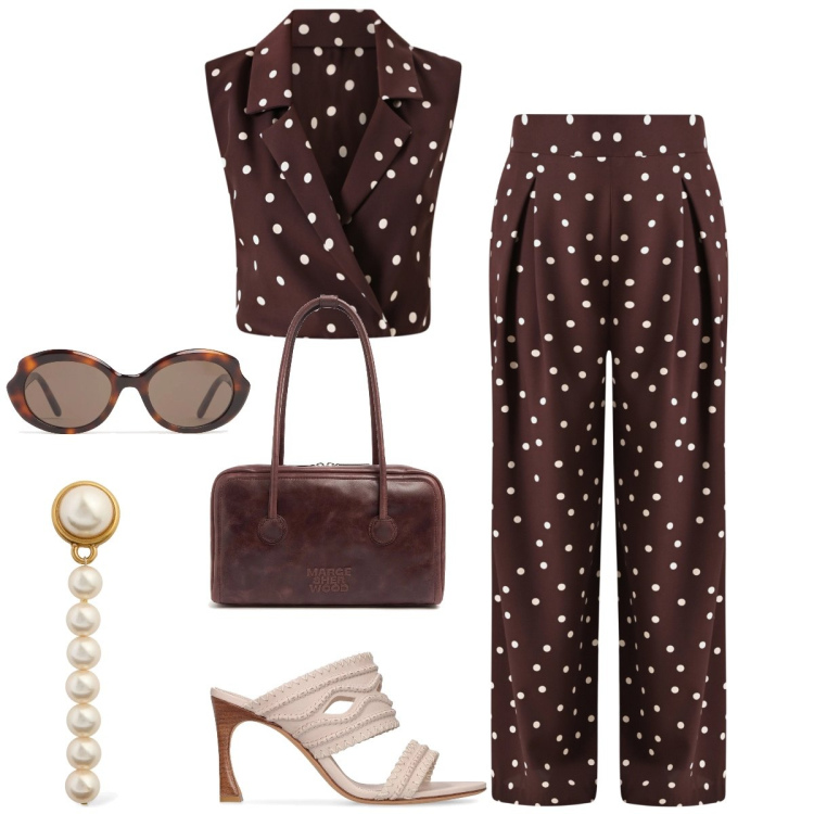 Outfit donna - Ufficio. Stile Chic per Ufficio. Abbinamento con pantaloni a palazzo, top, orecchini, pantofole, occhiali da sole, borse a spalla.