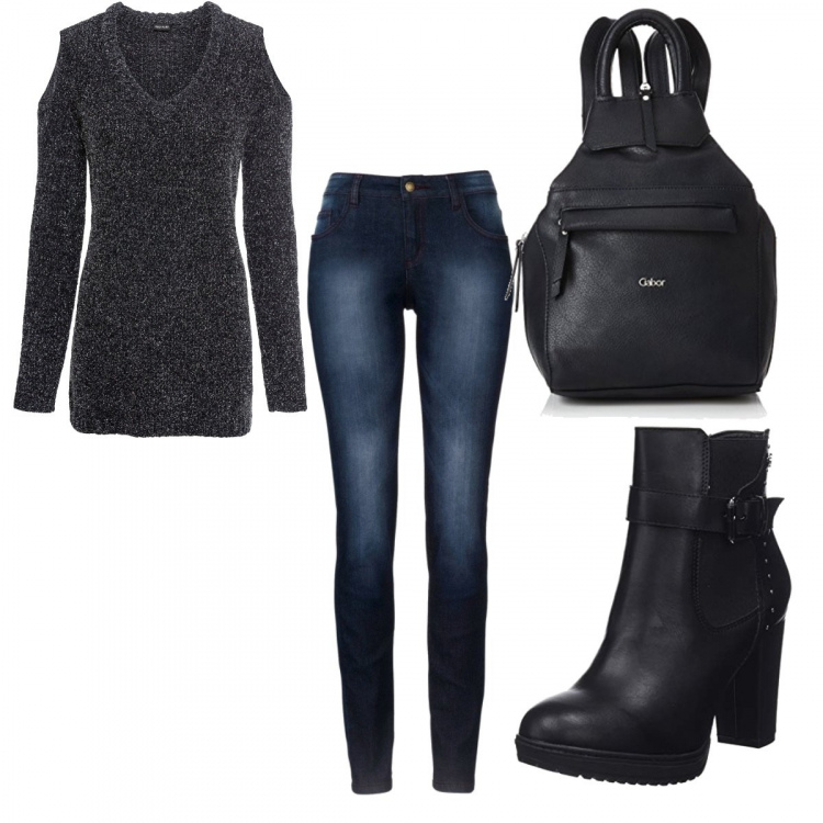 Outfit donna - Pronta per la serata!. Stile Rock per Serata fuori. Abbinamento con jeans skinny, maglione, stivaletti nero, zaini.