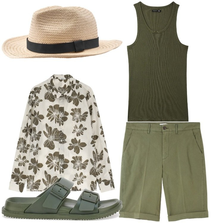 Outfit uomo - Sotto il sole di agosto. Stile Casual per Tutti i giorni. Abbinamento con bermuda, canottiere, camicie, sandali, cappelli.