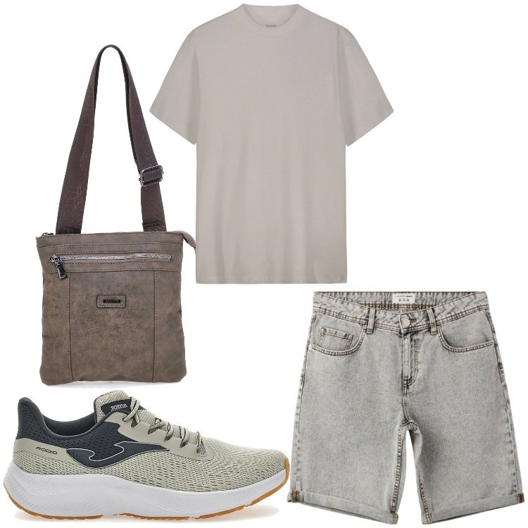 Outfit uomo - Grigio caldo. Stile Casual per Tutti i giorni. Abbinamento con bermuda, portafogli, sneakers, t-shirt.