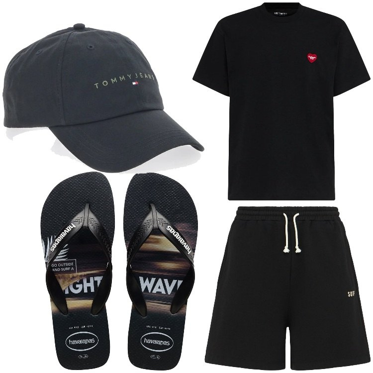 Outfit uomo - Spiaggia. Stile Casual per Mare. Abbinamento con cappelli, sandali, shorts, t-shirt.