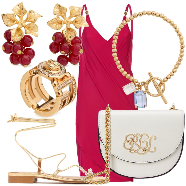 Outfit donna - Glamour Rosso al Tramonto. Stile Glamour per Mare. Abbinamento con borse a tracolla, braccialetti, anelli, vestiti, orecchini, sandali in pelle.