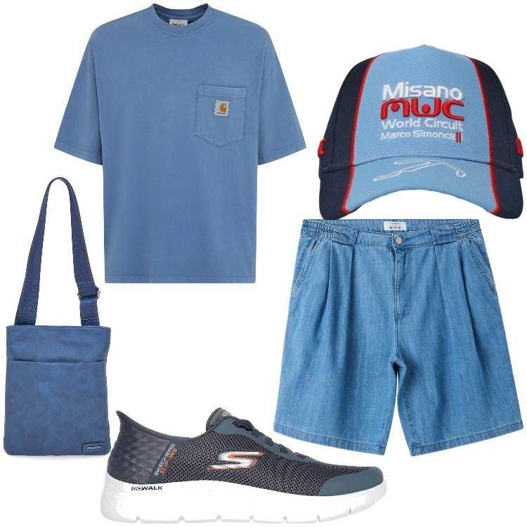 Outfit uomo - Azzurro. Stile Casual per Tutti i giorni. Abbinamento con cappelli, shorts, portafogli, sneakers, t-shirt.