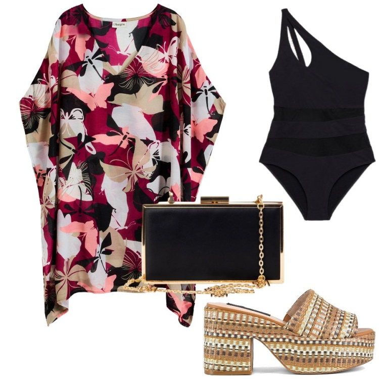 Outfit donna - Caftano elegante per le sere d\'agosto. Stile Chic per Serata fuori. Abbinamento con vestiti da spiaggia, pochette, zeppe, costumi interi.