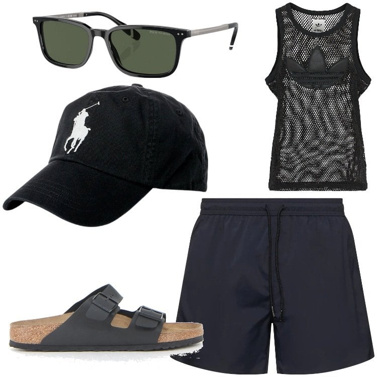 Outfit uomo - Litorale. Stile Casual per Tutti i giorni. Abbinamento con cappelli, occhiali da sole, sandali, shorts, canottiere.