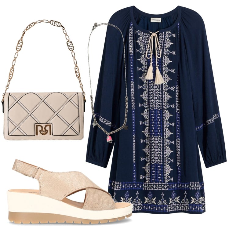 Outfit donna - Caftano elegante per le sere d’agosto. Stile Glamour per Mare. Abbinamento con vestiti corti, borse a tracolla, ciondoli, sandali col tacco.