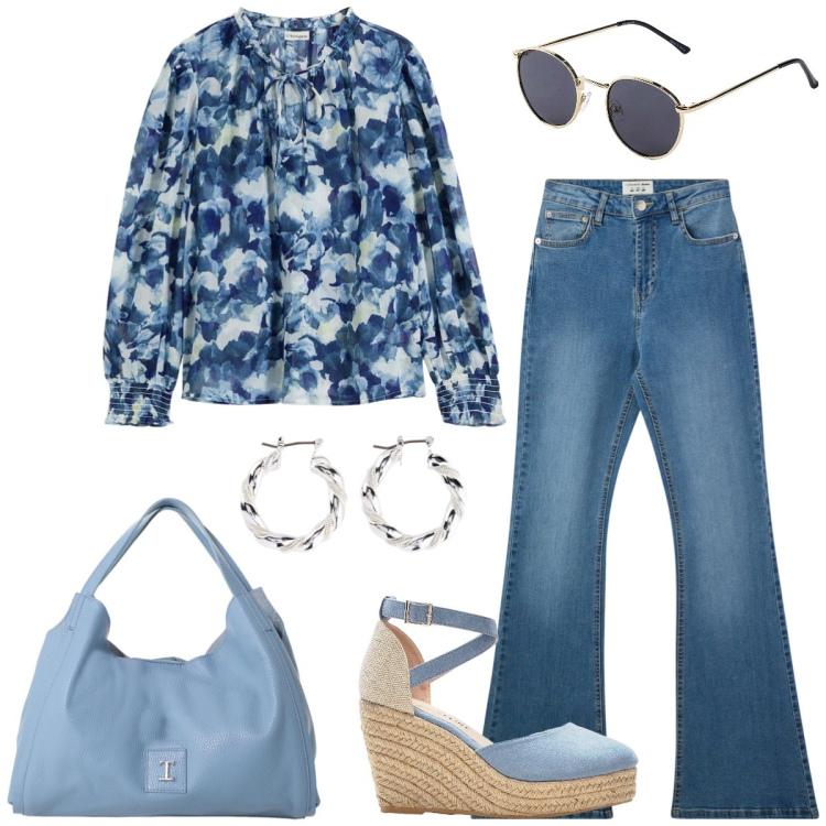Outfit donna - Total look #2222545. Stile Romantica per Tutti i giorni. Abbinamento con orecchini, occhiali da sole, sandali, camicie, jeans a zampa, pochette.