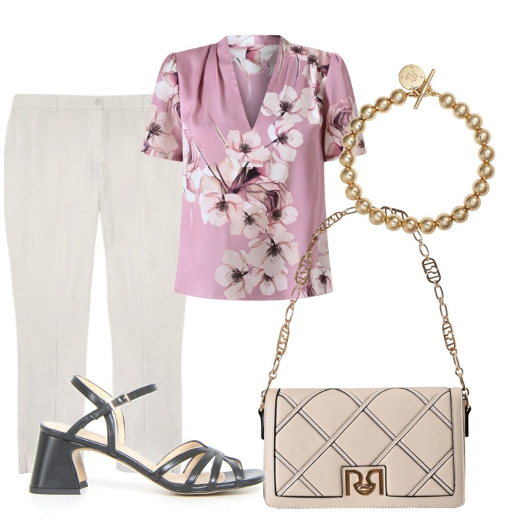 Outfit donna - Sandali estivi. Stile Casual chic per Ufficio. Abbinamento con bluse, borse a tracolla, braccialetti, pantaloni chino, sandali col tacco.
