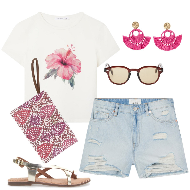 Outfit donna - Rosa frizzante. Stile Casual per Tutti i giorni. Abbinamento con orecchini, shorts, t-shirt, occhiali da sole, sandali in pelle, pochette.