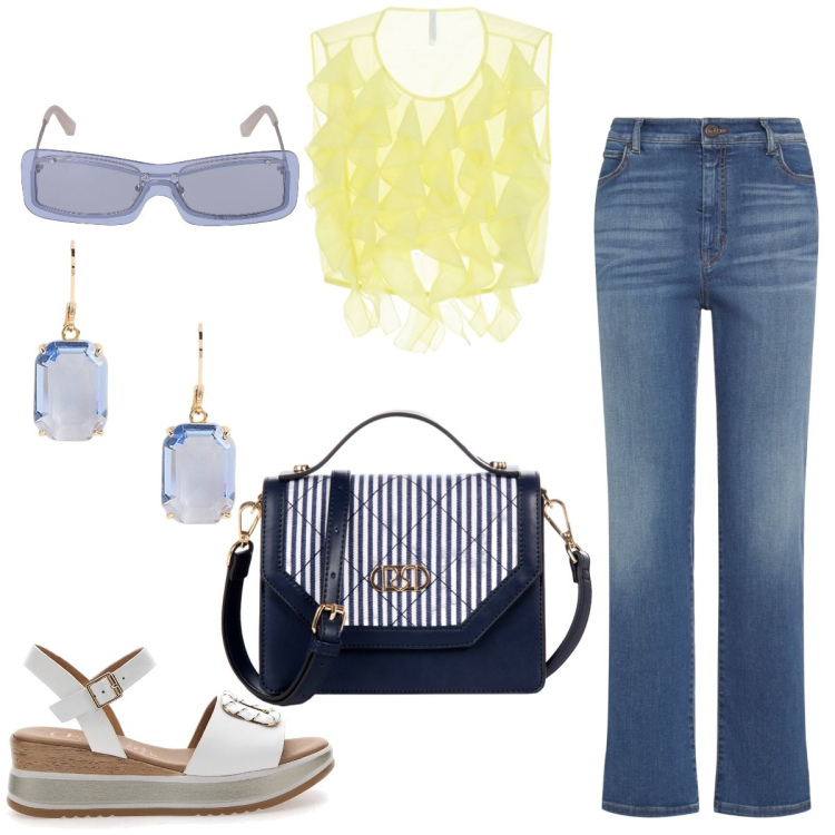 Outfit donna - Total look #2222556. Stile Romantica per Tutti i giorni. Abbinamento con borse a mano, top, orecchini, sandali, jeans dritti, occhiali da sole.