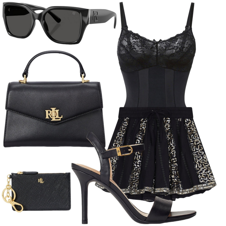 Outfit donna - Sandali chic. Stile Chic per Serata fuori. Abbinamento con body, shorts, sandali in pelle, occhiali da sole, portafogli, borse a mano.