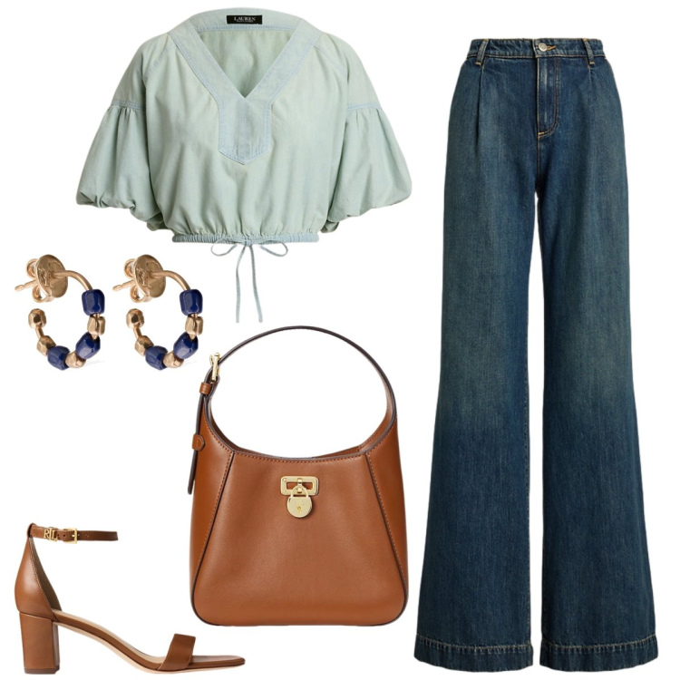 Outfit donna - In jeans. Stile Casual chic per Tutti i giorni. Abbinamento con sandali in pelle, camicie, borse a tracolla, jeans, orecchini.