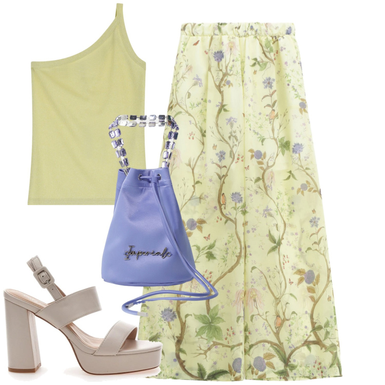 Outfit donna - Total look #2222575. Stile Romantica per Tutti i giorni. Abbinamento con borse a secchiello, pantaloni, top, sandali col tacco.