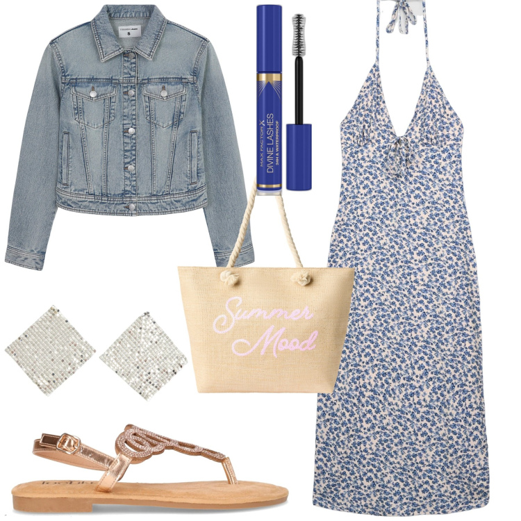 Outfit donna - Agosto. Stile Casual chic per Tutti i giorni. Abbinamento con mascara, vestiti lunghi, borse tote, orecchini, blazer, sandali in pelle.
