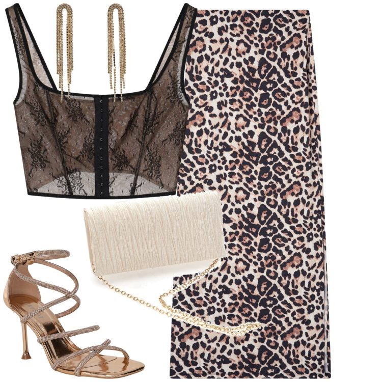 Outfit donna - Serata. Stile Glamour per Serata fuori. Abbinamento con sandali col tacco, gonne lunghe, orecchini, top, borse a spalla.
