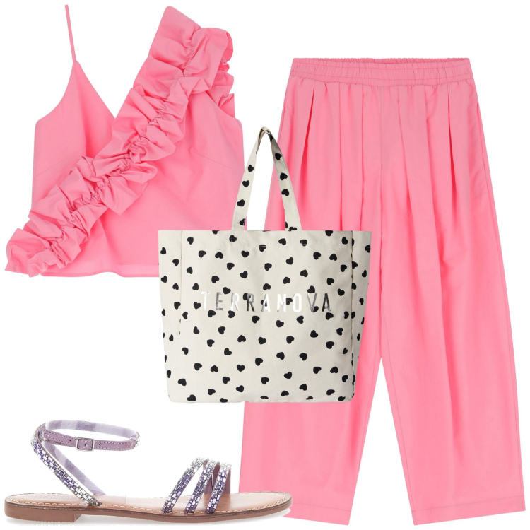 Outfit donna - Total look #2222589. Stile Casual chic per Tutti i giorni. Abbinamento con borse tote, top, pantaloni, sandali.