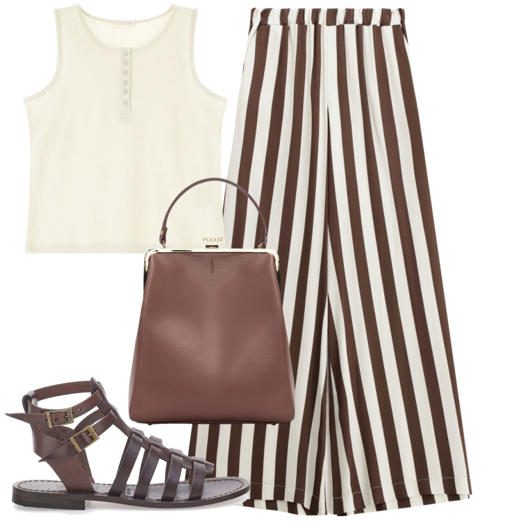 Outfit donna - City. Stile Casual chic per Tutti i giorni. Abbinamento con canottiere, pantaloni, borse a spalla, sandali alla schiava.