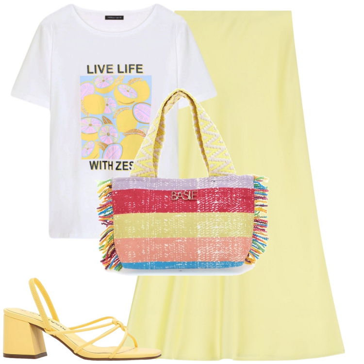 Outfit donna - Agosto. Stile Casual chic per Tutti i giorni. Abbinamento con sandali col tacco, gonne lunghe, t-shirt, pochette.