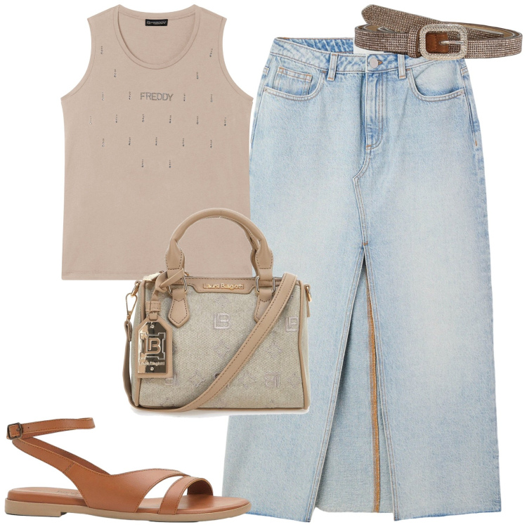 Outfit donna - In città. Stile Casual chic per Tutti i giorni. Abbinamento con sandali in pelle, gonne lunghe, cinture, canottiere, borse a tracolla.