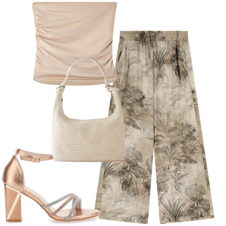 Outfit donna - Agosto. Stile Urban per Tutti i giorni. Abbinamento con shopping bag, top, pantaloni, sandali col tacco.