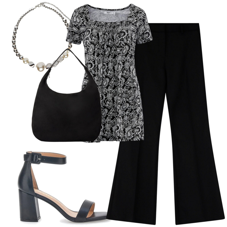 Outfit donna - Total look #2222598. Stile Casual chic per Tutti i giorni. Abbinamento con tuniche, borse a mano, pantaloni, collane, sandali col tacco.