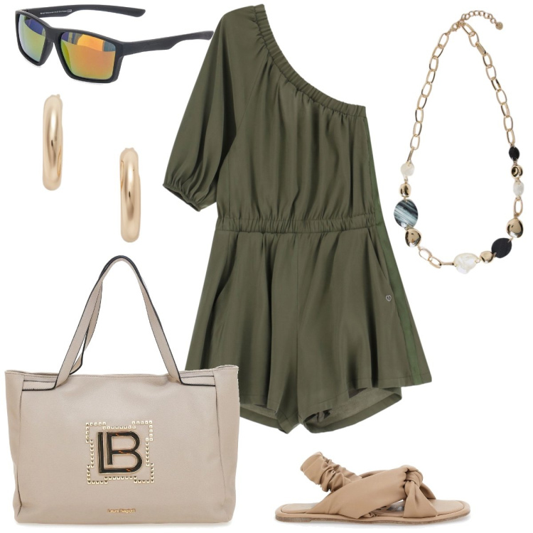 Outfit donna - Passeggiata. Stile Casual per Tutti i giorni. Abbinamento con tute, orecchini, sandali, borse a spalla, collane, occhiali da sole.