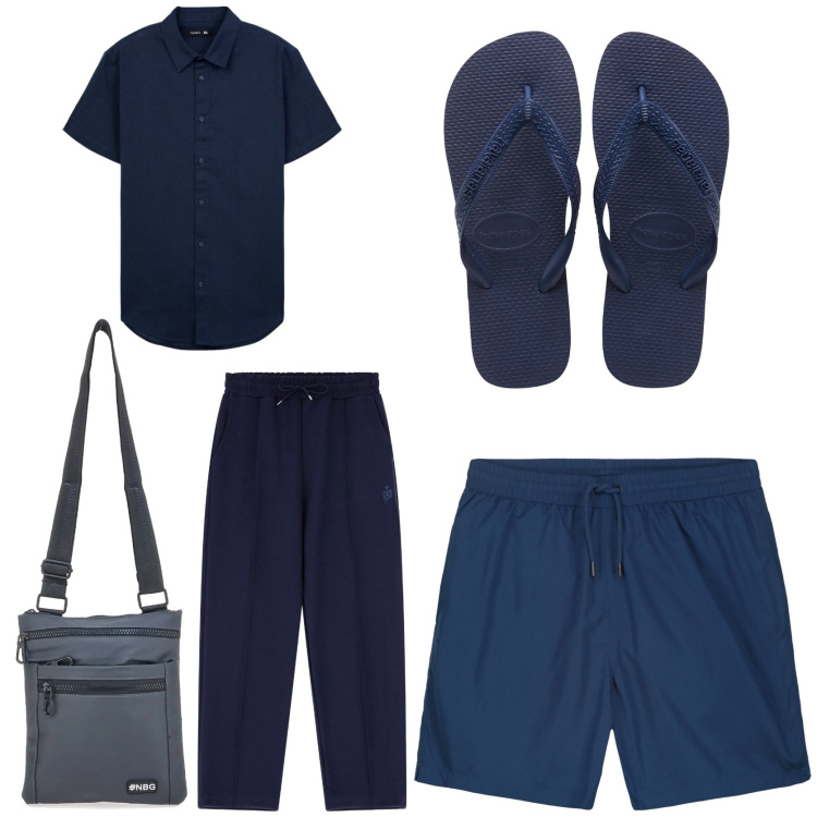 Outfit uomo - Destinazione mare. Stile Casual per Mare. Abbinamento con camicie a manica corta, pantaloni sportivi, sandali, borse sportive, costumi.