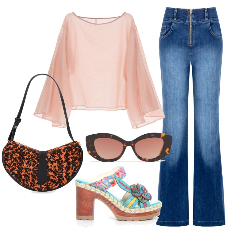 Outfit donna - Rosa baby e jeans. Stile 70s per Tutti i giorni. Abbinamento con jeans, bluse, ciabatte, borse a spalla, occhiali da sole.
