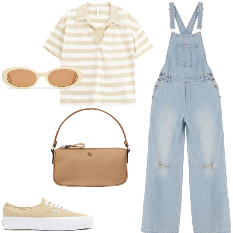 Outfit donna - In campagna. Stile Casual per Tutti i giorni. Abbinamento con salopette, polo, pochette, occhiali da sole, sneakers.