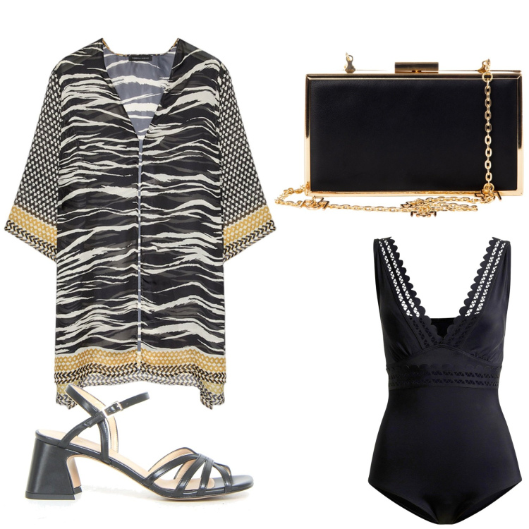 Outfit donna - Il caftano sofisticato. Stile Glamour per Mare. Abbinamento con costumi interi, pochette, caftani, sandali col tacco.