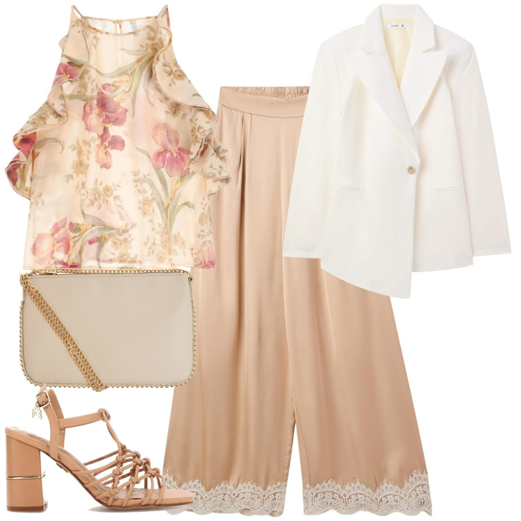 Outfit donna - Chic. Stile Chic per Serata fuori. Abbinamento con blazer, borse a tracolla, pantaloni a palazzo, canottiere, sandali col tacco.